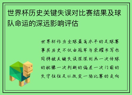 世界杯历史关键失误对比赛结果及球队命运的深远影响评估 世界杯历史关键失误对比赛结果及球队命运的深远影响评估