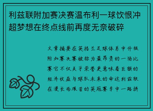 利兹联附加赛决赛温布利一球饮恨冲超梦想在终点线前再度无奈破碎