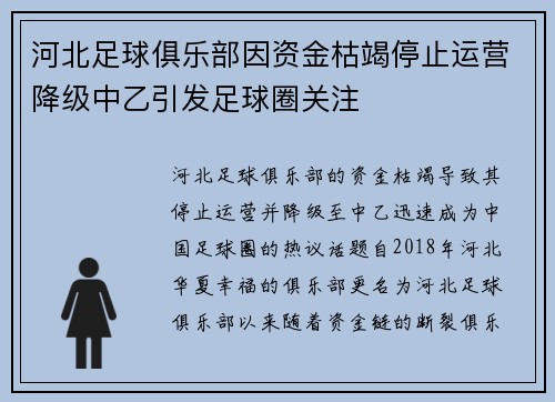河北足球俱乐部因资金枯竭停止运营降级中乙引发足球圈关注